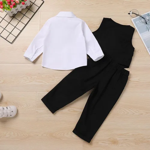 Vista 42 de IDOPIP Trajes de otoño e invierno para niños pequeños, camisa de manga larga con corbatín + chaleco + pantalones largos, overoles