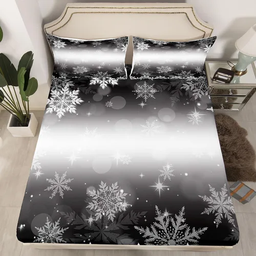Vista 3 de Erosebridal Juego de sábanas bajeras de Navidad tamaño Queen, diseño de copos de nieve, color negro, gris, degradado, para niños y niñas, juego