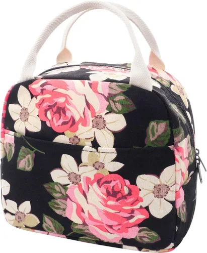 Vista 12 de EurCross Bolsa de almuerzo negra compacta mejorada para niñas y mujeres, de lona, reutilizable, aislada, con lunares, bolsa de almuerzo
