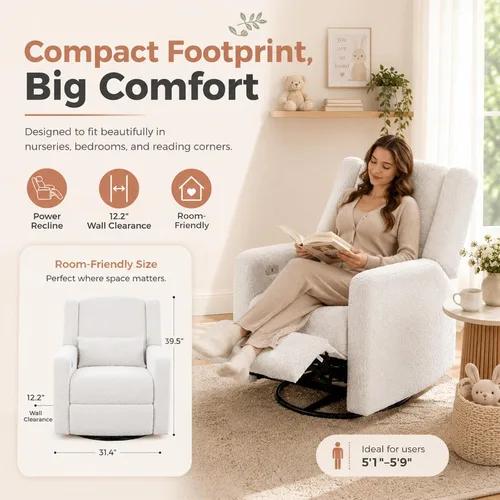 Vista 5 de Mecedora reclinable giratoria eléctrica, gran comodidad, para guardería, color crema Mecedora suave con almohada lumbar y puerto de carga USB