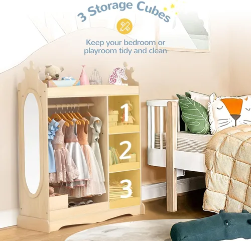 Vista 4 de Curipeer Almacenamiento de disfraces para niños con espejo, armario para niños con almacenamiento y 3 ganchos, armario para niños y niñas