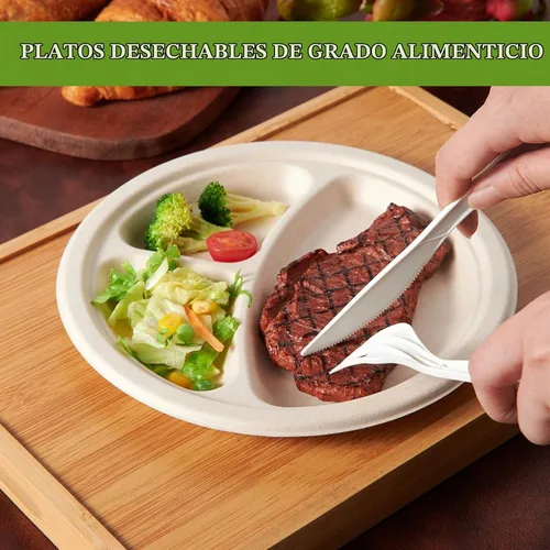 Vista 6 de ECOLipak paquete de 125 platos desechables de 3 compartimentos, platos de papel compostables de 10 pulgadas de alta resistencia, hechos de fibras