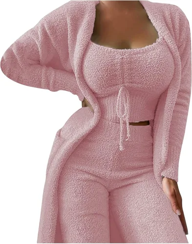 Vista 3 de RMXEi - Traje de pijama de 2 piezas para mujer, estilo casual, color liso, con cordón