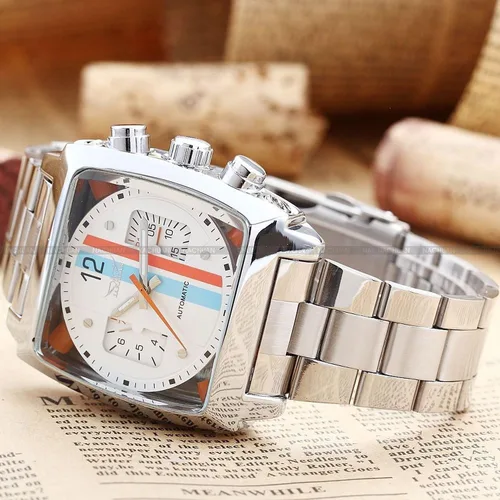 Vista 2 de FANMIS Reloj de pulsera analógico automático de acero inoxidable con fecha oblonga plateada para hombre, Mecánico