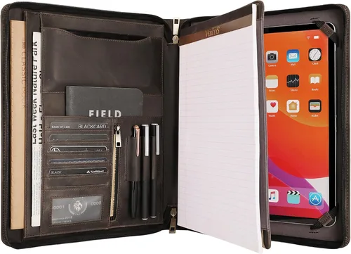 Vista 10 de Portafolio de cuero para iPad Pro/Air de 13/12.9/11 pulgadas, soporte de cuero grabado con soporte para iPad para bloc de notas tamaño carta Negro
