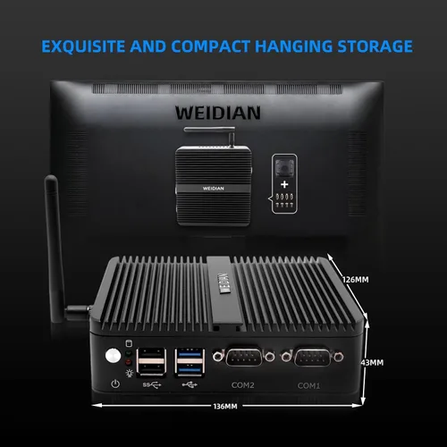 Vista 8 de WEIDIAN Mini PC sin ventilador, PC industrial, mini computadora J5005(hasta 2.8 GHz), salida de pantalla dual 4K HD+VGA, 2 Gigabit Ethernet, 4USB