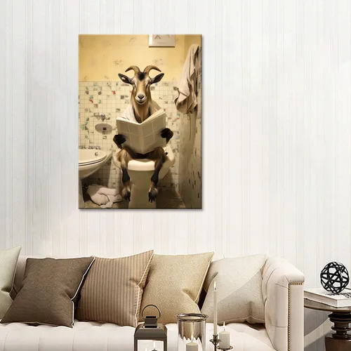 Vista 39 de GLOKAKA Lienzo decorativo para baño, diseño divertido de alpaca sentado en el inodoro, leyendo periódico, arte de pared, humor, granja, animal, arte