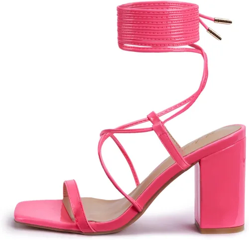 Vista 2 de Elisabet Tang Sandalias de tacón grueso con cordones para mujer, tacones de bloque de 3 pulgadas, tacón con tiras cruzadas, tacón cuadrado