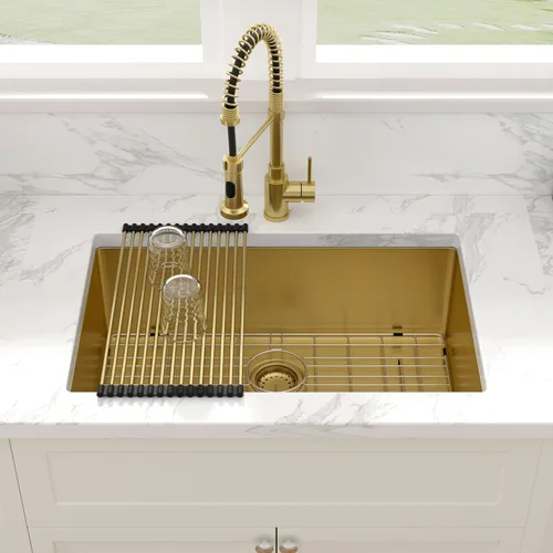 Vista 2 de Sarlai Gold Fregadero de Cocina Empotrado - Fregadero de Cocina de 28 Pulgadas Empotrado de Acero Inoxidable Dorado Tazón Individual de 28" x 19