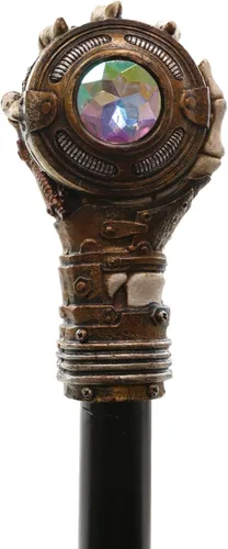 Vista 2 de Ebros Steampunk esqueleto agarrando a mano el mal de ojo con engranajes de reloj esculpidos, bastón de bastón de bastón de 38 pulgadas de largo