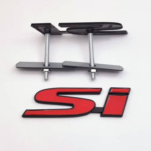 Vista 5 de 1 emblema de metal negro y rojo para parrilla delantera del automóvil + 1 calcomanía 3D para tapa trasera de carreras, calcomanía deportiva