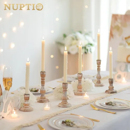 Vista 9 de NUPTIO Portavelas de granja para centro de mesa: juego de 2 candelabros de madera pequeños y 6 candelabros rústicos para el hogar, mesa de comedor