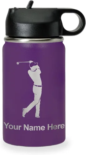 Vista 36 de LaserGram Botella de agua personalizada, golfista de golf, acero inoxidable de doble pared aislada al vacío con popote superior, regalo grabado Negro