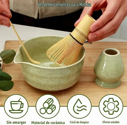 Vista 2 de Kit de fabricación de matcha de 4 piezas, cuenco de cerámica, batidor y cuchara de bambú, tamiz de matcha y soporte