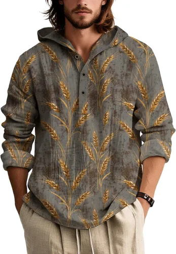 Vista 13 de Sudadera con capucha con estampado bohemio para hombre, de otoño, a la moda, con un cuarto de botón, manga larga, holgada, con capucha, de gran