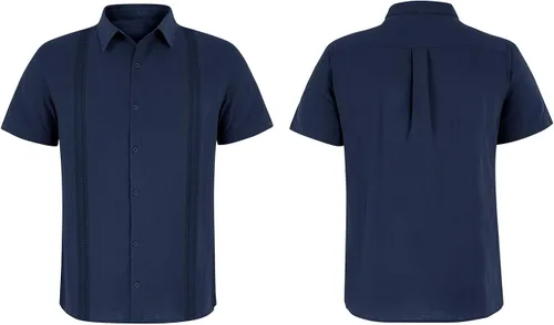Vista 4 de Hestenve Guayabera - Camisas casuales de lino y algodón con botones de manga corta para hombre, camisa hawaiana cubana de verano, playa, trabajo