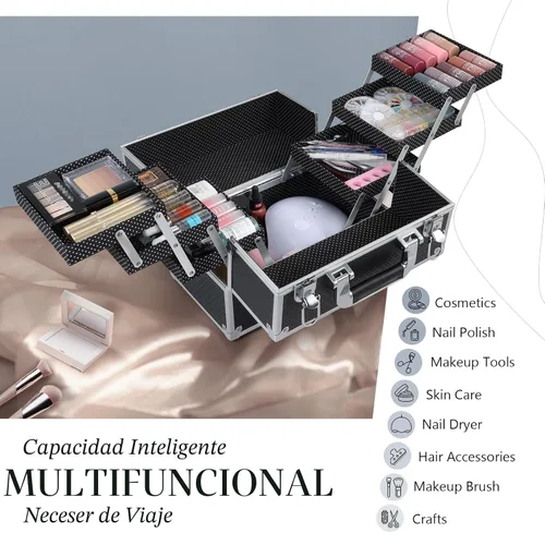 Vista 2 de Frenessa - Maletín de maquillaje portátil de 12 pulgadas, 6 bandejas de maquillaje, organizador de maquillaje profesional con llaves con cerradura