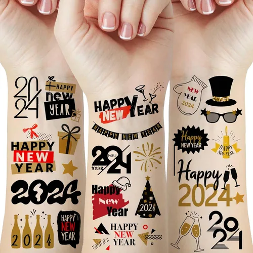 Vista 10 de 65 piezas de suministros para fiesta de Año Nuevo, 12 hojas de calcomanías de tatuajes temporales, decoraciones de feliz año nuevo, decoración NYE