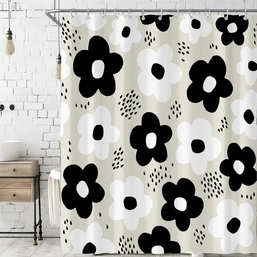 Vista 20 de Cortina de ducha pequeña para casa rodante, tamaño medio, estilo retro de los 70, con flores bonitas, estética abstracta de margaritas, decorativa