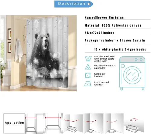 Vista 8 de KREATIVE ARTS Cortina de ducha con diseño de osos divertidos animales, decoración de bañera, casa de campo en blanco y negro, 72 pulgadas de ancho