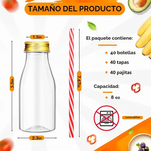 Vista 2 de Irenare 40 juegos de botellas de leche pequeñas de plástico con popotes y tapas de metal, botella de plástico transparente para leche láctea, Dorado