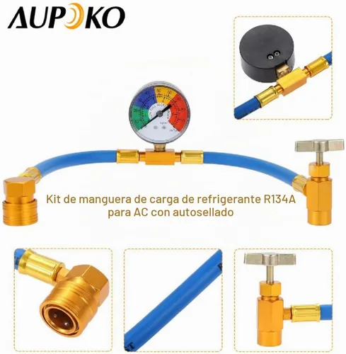 Vista 3 de Kit de manguera de carga de refrigerante R134A para CA, lata con válvula autosellante de 1/2'', y manguera de recarga con manómetro de presión