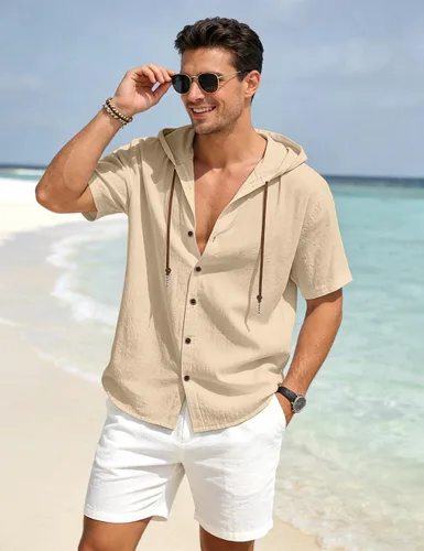 Vista 3 de Camisas de algodón y lino para hombre, sudaderas casuales de manga corta, con botones, para verano, playa, boda, con capucha