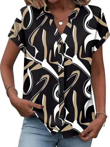 Vista 17 de Zeagoo Camisas con botones para mujer, camisetas de manga corta, cuello en V, blusas casuales de negocios