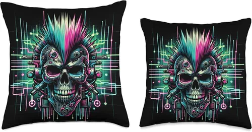Vista 3 de Punk Rock Cyborg Skull Trendy Retro Cyberpunk Vaporwave Throw Pillow