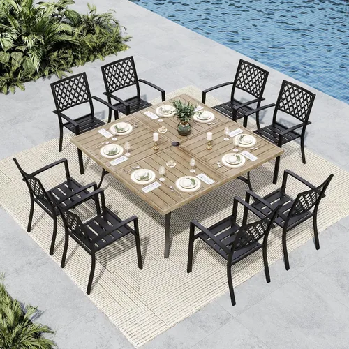 Vista 10 de MFSTUDIO Juego de comedor al aire libre para 8, juego de mesa y sillas de metal para patio, juego de muebles de patio de 9 piezas, juego de comedor