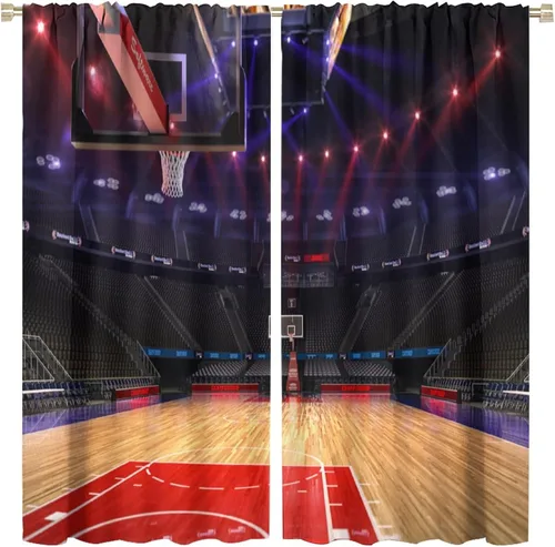 Vista 26 de Cortinas deportivas de baloncesto para niños, patrón de llama de bola 3D naranja, 42 pulgadas de ancho x 45 pulgadas de largo