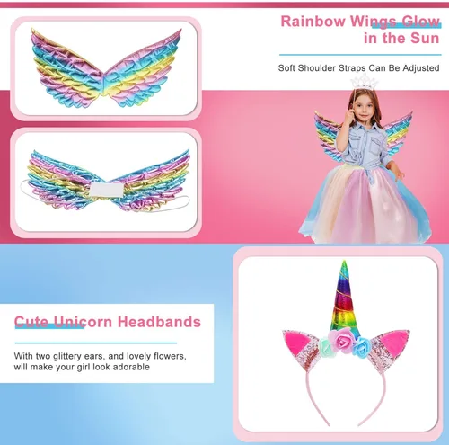 Vista 5 de Falda tutú para niña vestido de tutú arcoíris de tul con diadema de unicornio alas de hada de mariposa