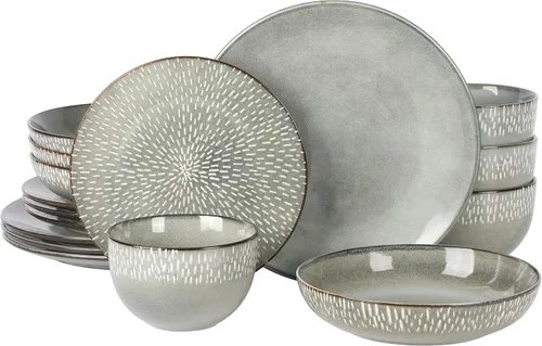 Vista 24 de Gibson Elite Peach Orchard - Juego de vajilla de porcelana de hueso de 12 piezas para 4, platos y cuencos estriados en relieve, apto