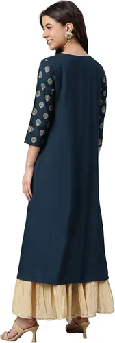 Vista 6 de Janasya Kurta de rayón verde azulado para mujer india