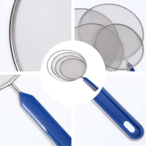 Vista 4 de 4 piezas de acero inoxidable cubierta de aceite de malla de metal protector de salpicaduras de aceite con asas azules resistente al calor protector