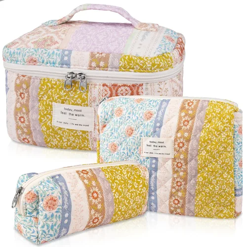Vista 35 de Juego de bolsas de maquillaje, bolsa de maquillaje acolchada, bolsa grande para cosméticos florales para mujer, bonitas bolsas de maquillaje