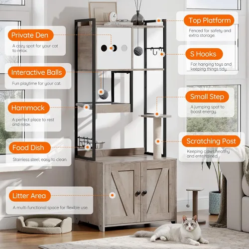 Vista 3 de HOOBRO Árbol para gatos con caja de arena, torre para gatos de 58.7 pulgadas de alto con muebles de caja de arena oculta, con poste rascador