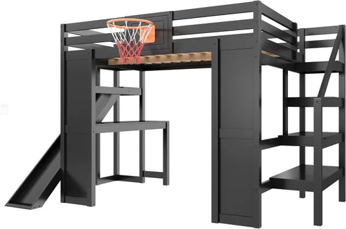 Vista 7 de Cama tipo loft de tamaño matrimonial con escritorio y tobogán para deportes Negro