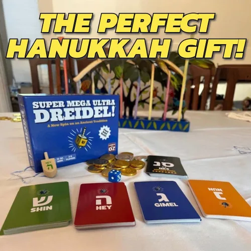 Vista 3 de Super Mega Ultra Dreidel - Juego de cartas añade un nuevo giro en una antigua tradición. Diversión familiar para 2 a 6 jugadores mayores de 7 años