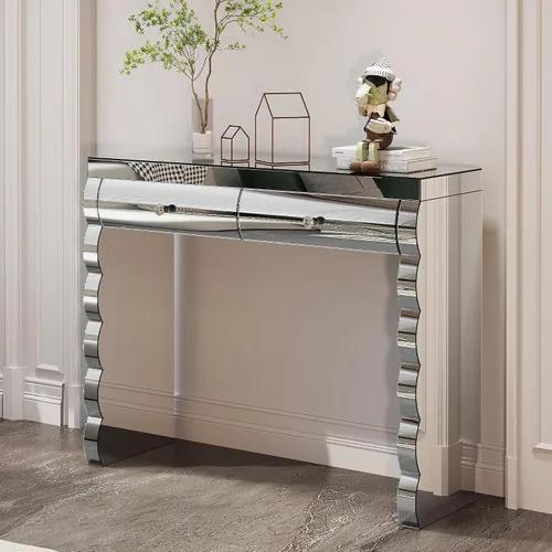 Vista 23 de Mesa Consola Negra con Espejo, Mesa de Sofá de Cristal Rectangular de 48 pulgadas con Elementos Tallados Vintage con Espejo, Muebles de Espejo