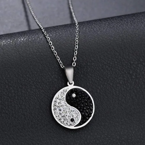Vista 3 de Houpotao Taichi Bagua Collar con colgante de acero inoxidable quirúrgico, ligero, hipoalergénico, cadena de clavícula Yin Yang con circonita cúbica