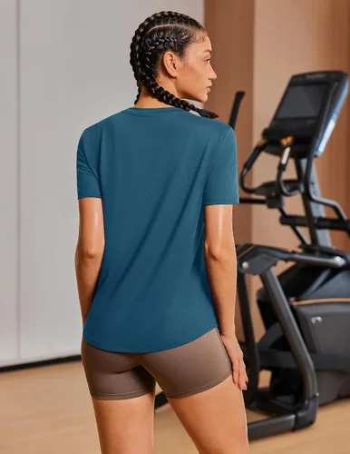 Vista 2 de PINSPARK Camisetas básicas de entrenamiento suaves para mujer, de manga Azul oscuro