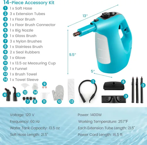 Vista 7 de Goplus Limpiador de vapor de mano, limpiador de vapor presurizado de 1400 W con vapor continuo con tiempo de uso ilimitado, tanque de agua de 13.5