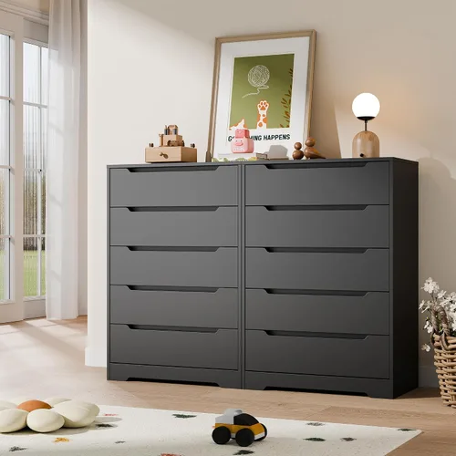 Vista 5 de Cozy Castle - Cómoda de 5 cajones, cómoda moderna de madera con gran organizador, gabinete de almacenamiento con acento de madera para sala de Negro