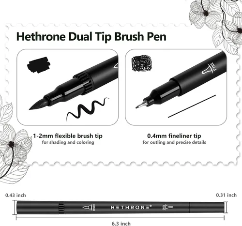 Vista 7 de Hethrone Marcadores negros para dibujar - Bolígrafos de pincel con puntas de fieltro para artistas - Bolígrafos de caligrafía, paquete de 12