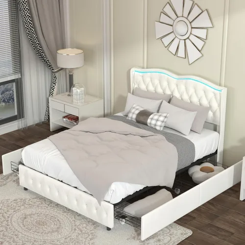 Vista 12 de Livavege Base de cama Queen con cabecera LED y 4 cajones de almacenamiento sobre ruedas, cama de plataforma tapizada con alas con salidas y puertos