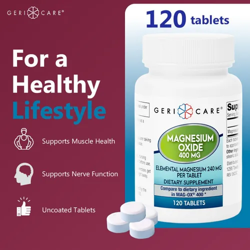 Vista 2 de GeriCare Suplemento de óxido de magnesio 240 mg de magnesio elemental, 120 tabletas, apoyo mineral esencial, promueve la salud vascular, la fuerza