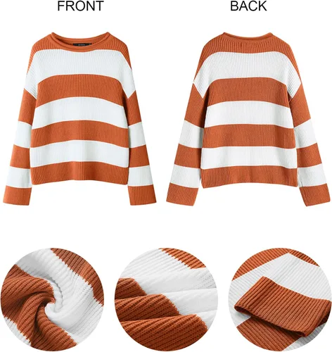 Vista 18 de ZESICA Suéter tejido sin botones de manga larga y cuello redondo, a rayas, bloques de color, cómodo, holgado, talla extragrande para mujer de 2024