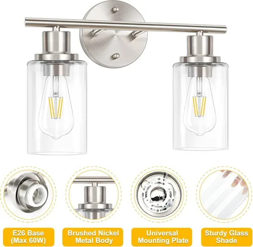 Vista 7 de Lámpara de pared de 2 luces, luz de tocador de baño sobre espejo Wall Sconce Light Fixture with Clear Glass Shade Brushed Nickel Modern Metal Wall