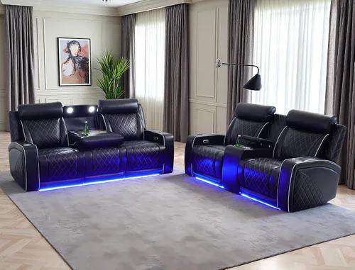 Vista 49 de Juego de sofás reclinables eléctricos, juegos de muebles de sala de estar, sofá reclinable eléctrico moderno negro, sofá biplaza y silla